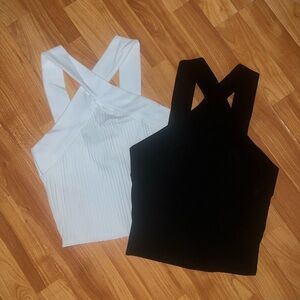Zara White and Black Ribbed Cross-Back Crop Tops